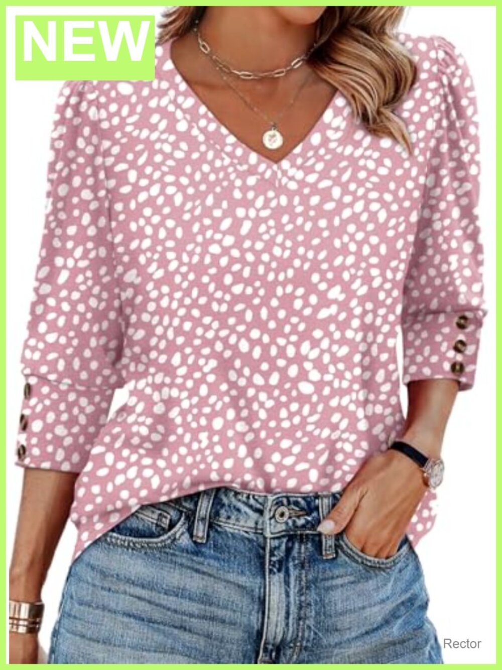 Womens 3/4 Sleeve V Neck Tunic Blouse with Buttons Casual Office Top
